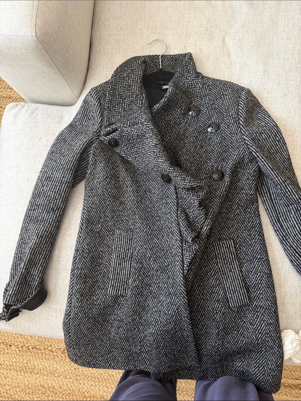 Diane Von Furstenberg Black & Gray Herringbone Coat with Satin Lining